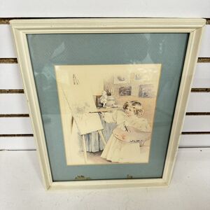 VINTAGE “THE ARTIST” DECOR PRINT PICTURE YOUNG GIRL PAINTING ART FRAMED MATTED